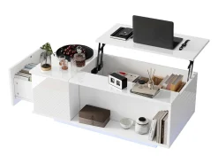 Mesa de centro elevable - 100 x 50 x 40 cm - con almacenaje oculto + LED + 1 cajón - aglomerado - blanco
