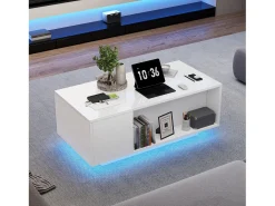Mesa de centro elevable - 100 x 50 x 40 cm - con almacenaje oculto + LED + 1 cajón - aglomerado - blanco