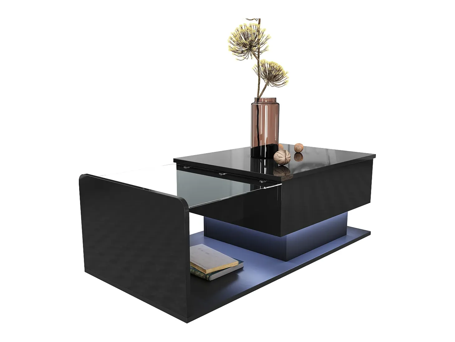 Mesa de centro elevable alto brillo 100×50×47,5 cm - Plato de vidrio - Iluminación LED - Paneles de aglomerado - negro