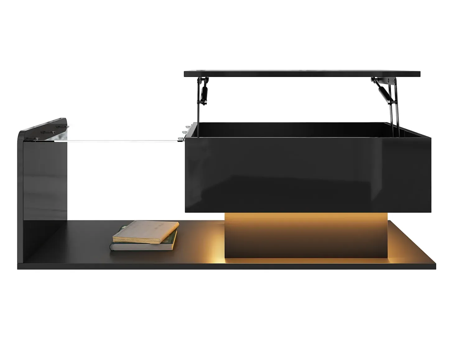 Mesa de centro elevable alto brillo 100×50×47,5 cm - Plato de vidrio - Iluminación LED - Paneles de aglomerado - negro