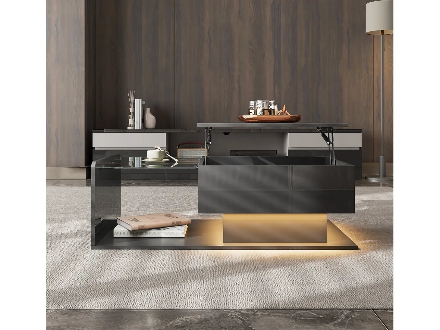 Mesa de centro elevable alto brillo 100×50×47,5 cm - Plato de vidrio - Iluminación LED - Paneles de aglomerado - negro