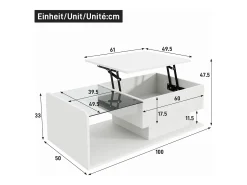 Mesa de centro elevable blanca con LED, tapa de cristal y almacenaje 100x50x33/47,5cm