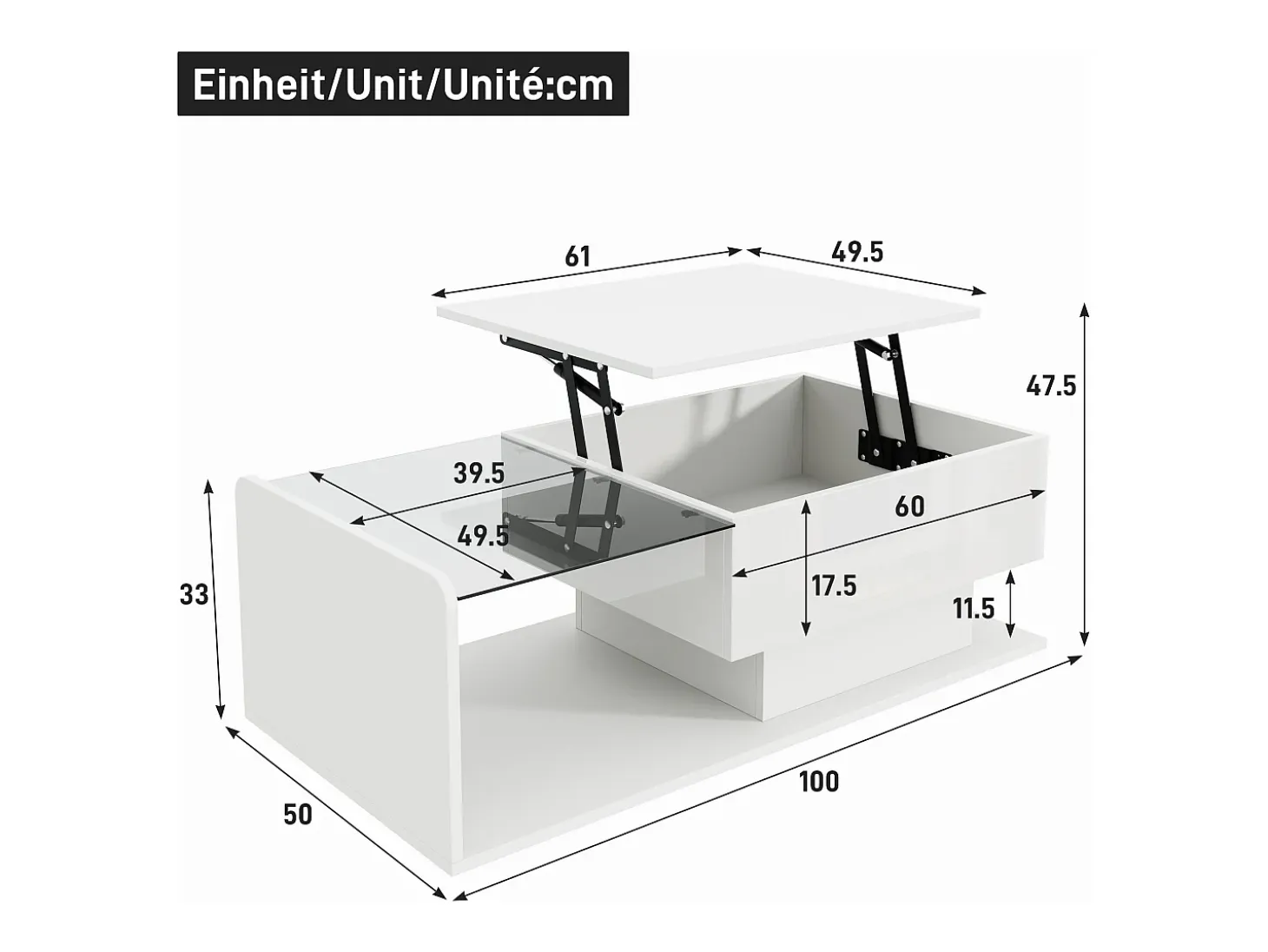 Mesa de centro elevable blanca con LED, tapa de cristal y almacenaje 100x50x33/47,5cm