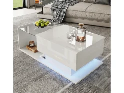 Mesa de centro elevable blanca con LED, tapa de cristal y almacenaje 100x50x33/47,5cm