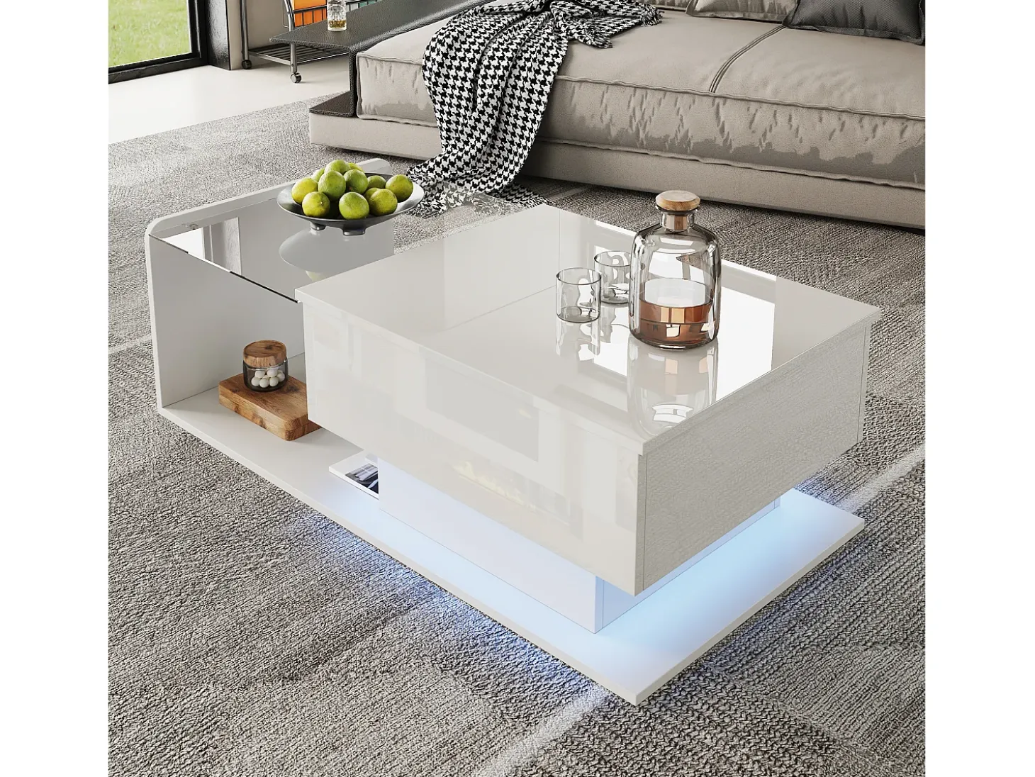 Mesa de centro elevable blanca con LED, tapa de cristal y almacenaje 100x50x33/47,5cm