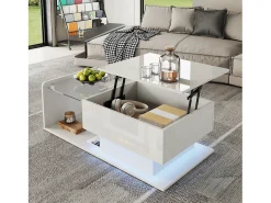 Mesa de centro elevable blanca con LED, tapa de cristal y almacenaje 100x50x33/47,5cm