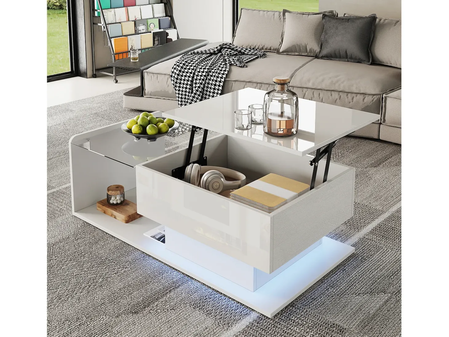 Mesa de centro elevable blanca con LED, tapa de cristal y almacenaje 100x50x33/47,5cm