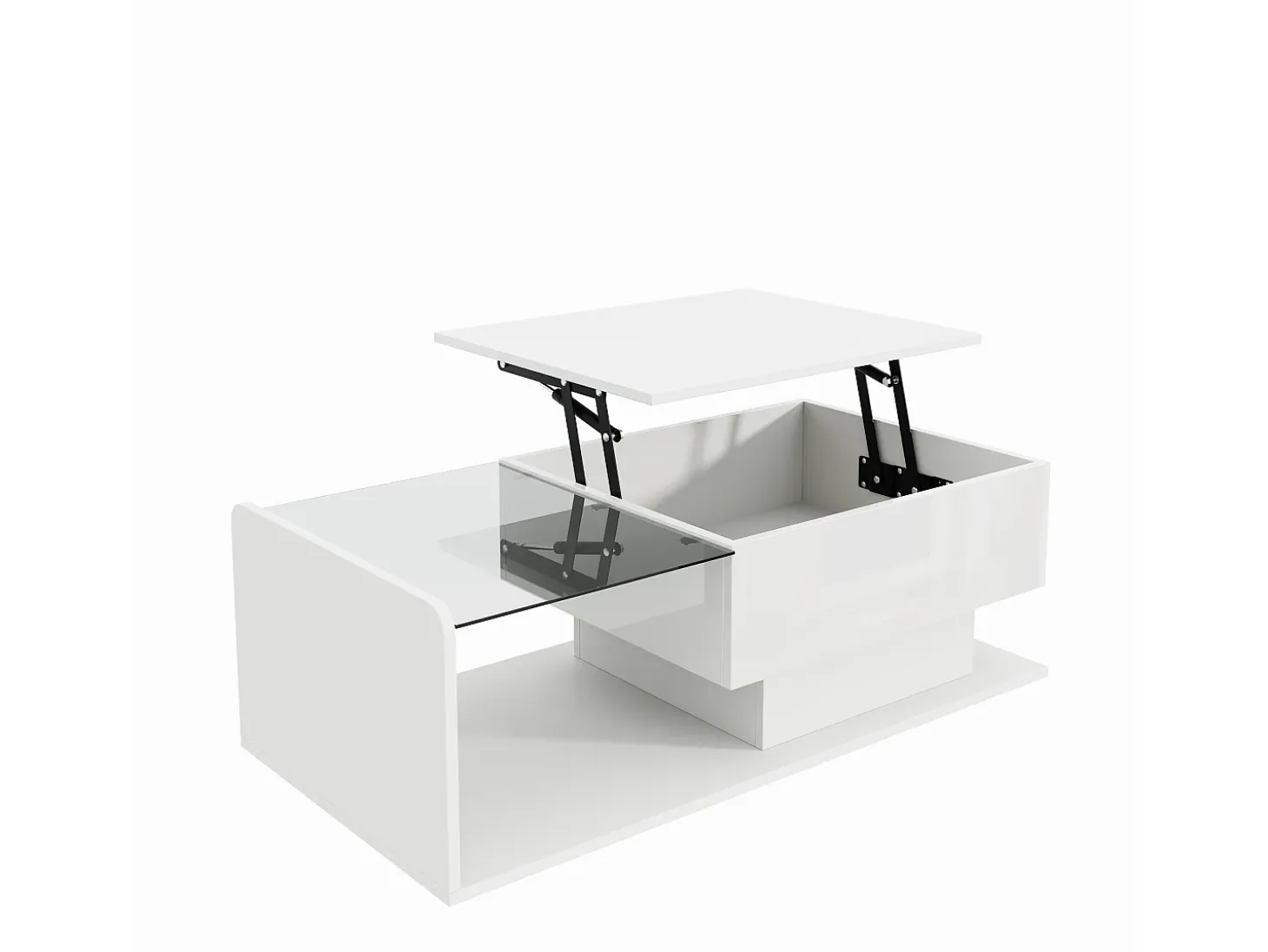 Mesa de centro elevable blanca con LED, tapa de cristal y almacenaje 100x50x33/47,5cm