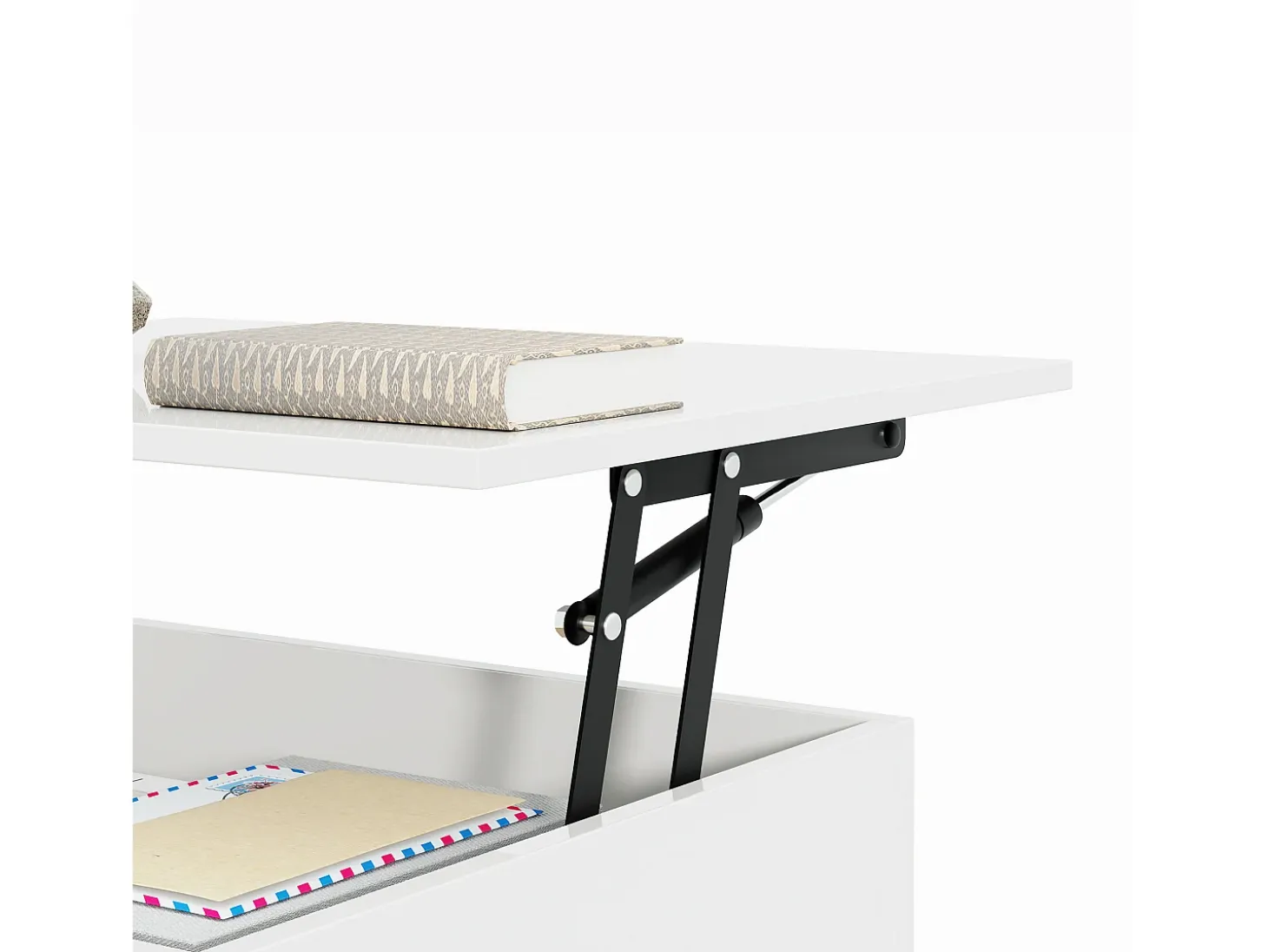 Mesa de centro elevable blanca con LED, tapa de cristal y almacenaje 100x50x33/47,5cm