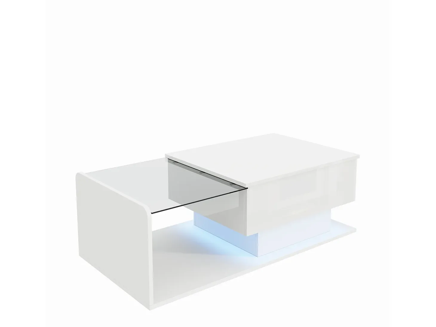 Mesa de centro elevable blanca con LED, tapa de cristal y almacenaje 100x50x33/47,5cm