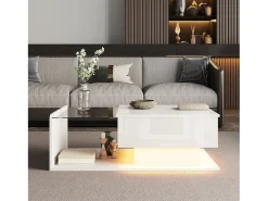 Mesa de centro elevable blanca con LED, tapa de cristal y almacenaje 100x50x33/47,5cm