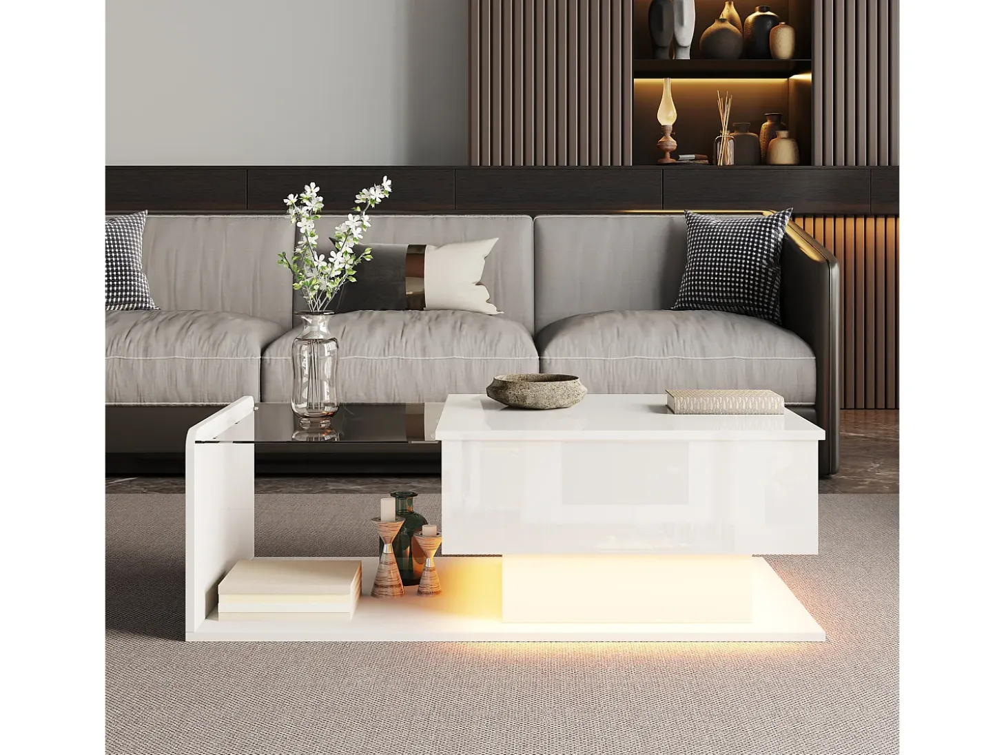 Mesa de centro elevable blanca con LED, tapa de cristal y almacenaje 100x50x33/47,5cm