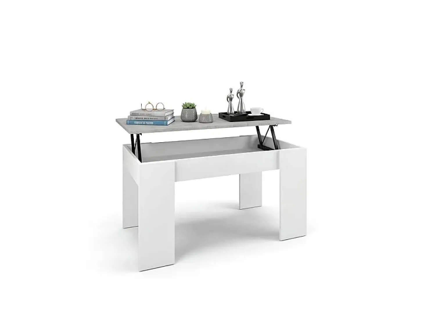 Mesa de centro elevable con almacenaje en blanco artik y gris cemento 90x43-53 cm Norak Blanco Artik (Blanco Mate) - Gris Cemento