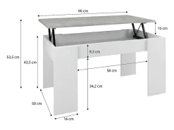 Mesa de centro elevable con almacenaje en blanco artik y gris cemento 90x43-53 cm Norak Blanco Artik (Blanco Mate) - Gris Cemento