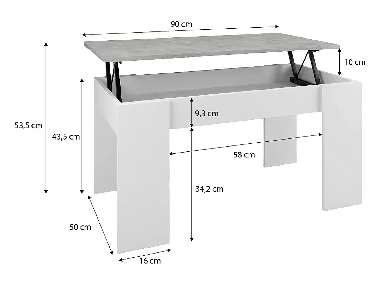 Mesa de centro elevable con almacenaje en blanco artik y gris cemento 90x43-53 cm Norak Blanco Artik (Blanco Mate) - Gris Cemento