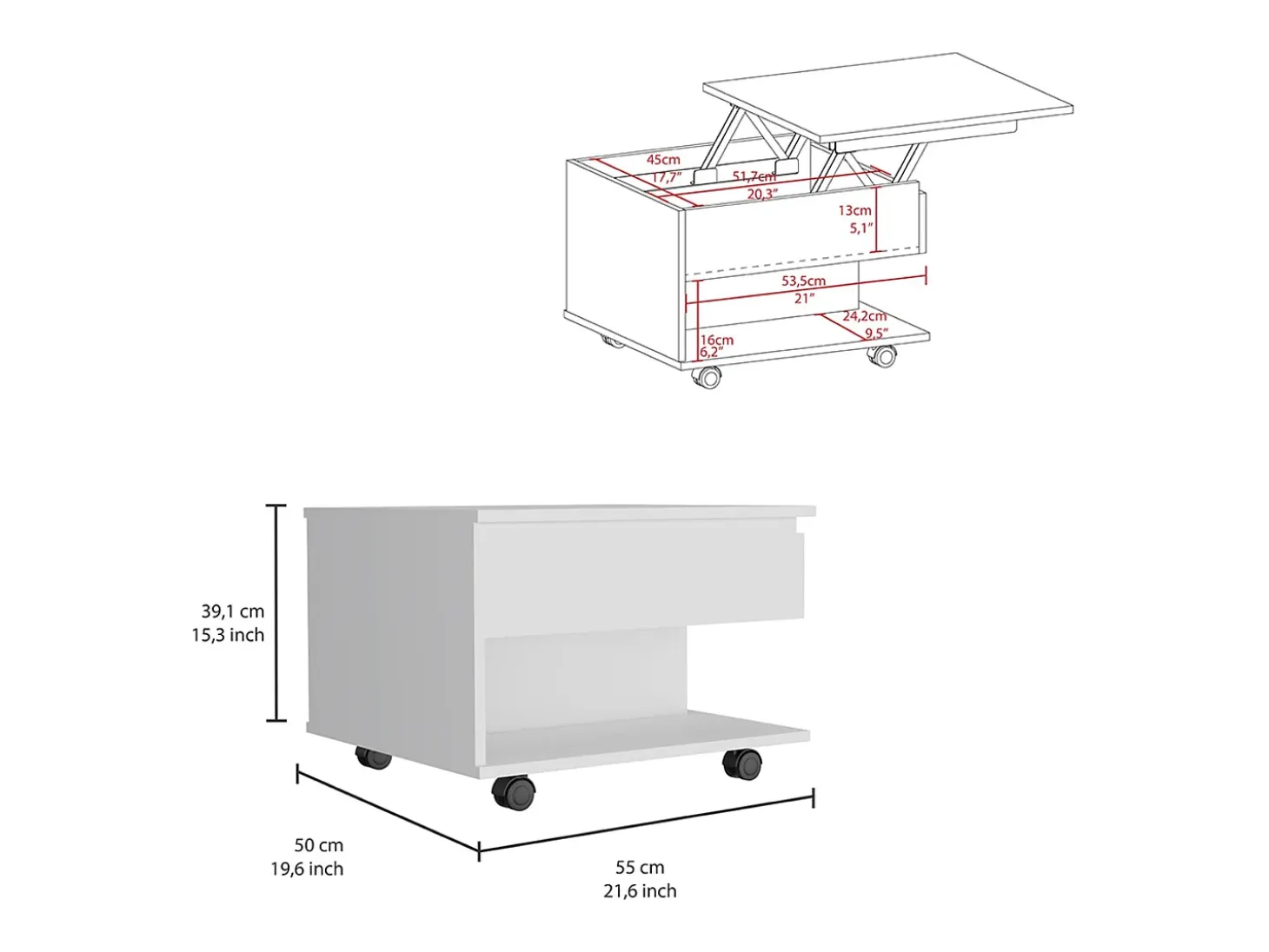 Mesa de Centro Elevable Luanda, con ruedas , 38.86 cm X 54.86 cm X 49.78 cm , Blanco