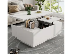 Mesa de centro elevable multifuncional con almacenamiento oculto, blanco puro, estructura de MDF