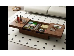 Mesa de centro extensible de nogal, diseño rectangular, 120-208 cm, almacenaje oculto, moderna y práctica.