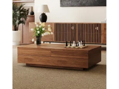 Mesa de centro extensible de nogal, diseño rectangular, 120-208 cm, almacenaje oculto, moderna y práctica.