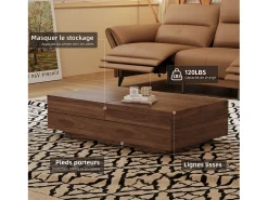Mesa de centro extensible de nogal, diseño rectangular, 120-208 cm, almacenaje oculto, moderna y práctica.