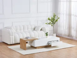 Mesa de centro extensible en MDF con 1 cajón y 1 estante - Natural y Blanco - MANDREA