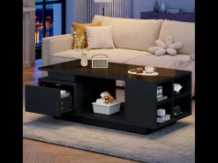 Mesa de centro lacada - 100 x 50 x 36 cm - con cajón + LED + 4 compartimentos de almacenamiento - aglomerado - negro