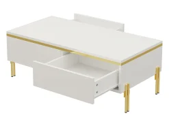 Mesa de centro lacada brillante 100x50x36 cm - 2 cajones - Patas de metal - Tableros de partículas - Blanco