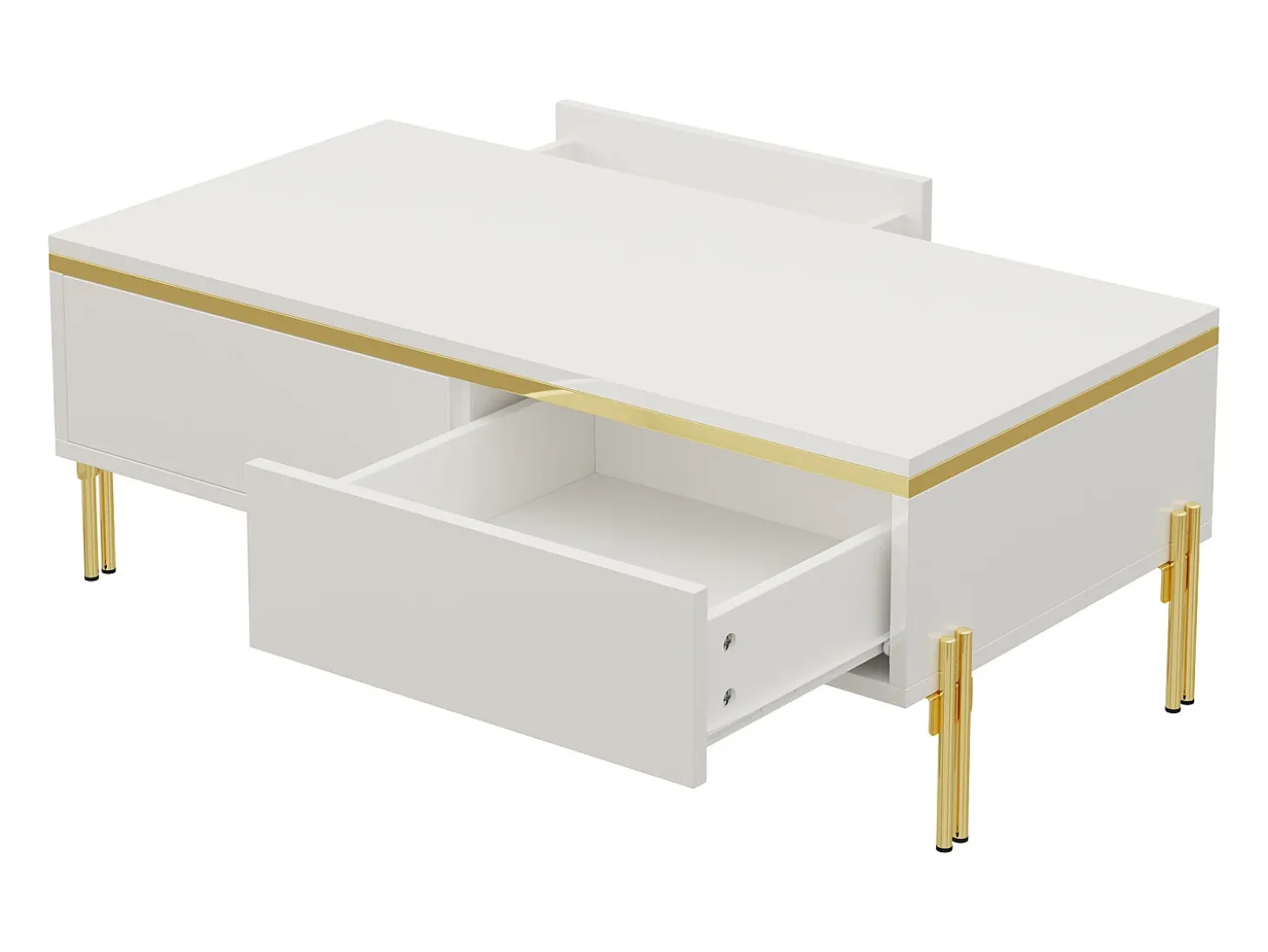 Mesa de centro lacada brillante 100x50x36 cm - 2 cajones - Patas de metal - Tableros de partículas - Blanco