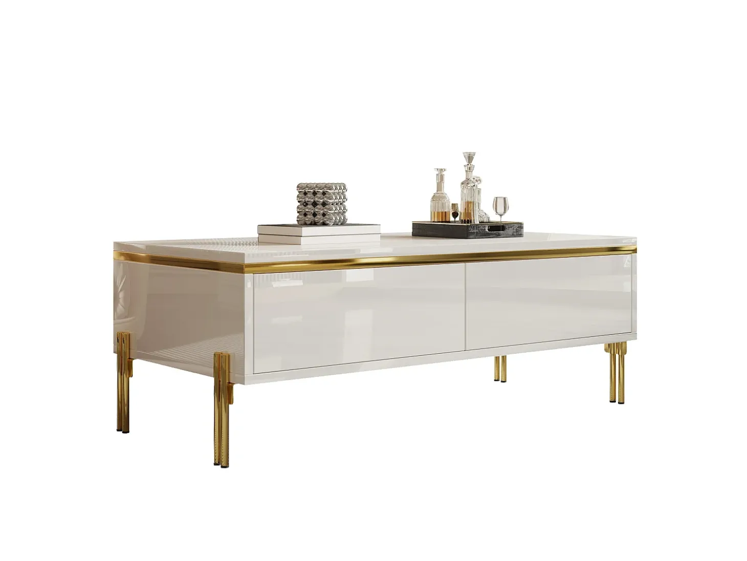 Mesa de centro lacada brillante 100x50x36 cm - 2 cajones - Patas de metal - Tableros de partículas - Blanco