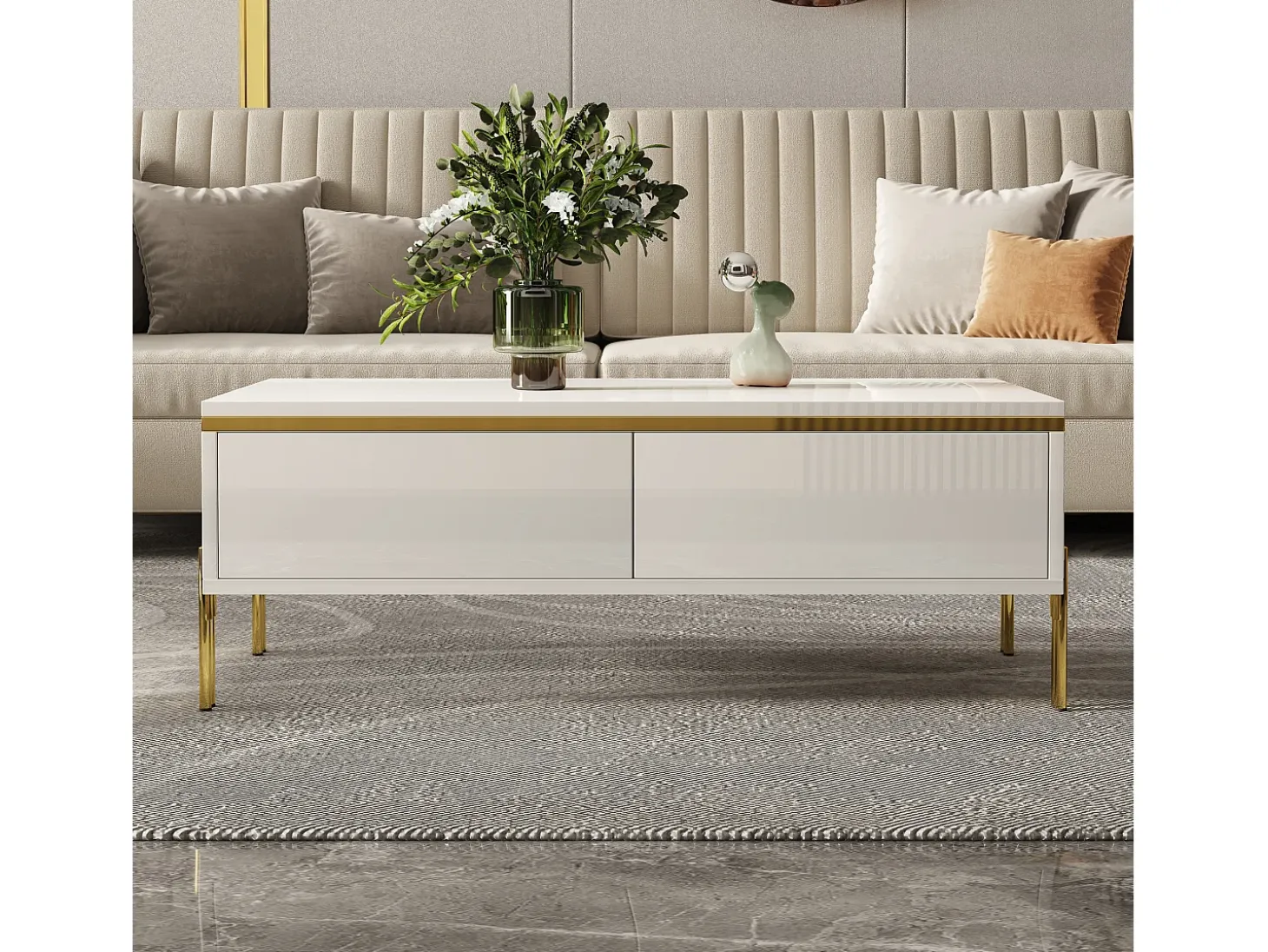 Mesa de centro lacada brillante 100x50x36 cm - 2 cajones - Patas de metal - Tableros de partículas - Blanco