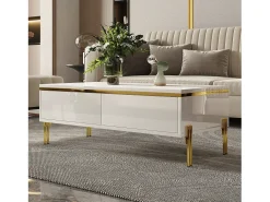 Mesa de centro lacada brillante 100x50x36 cm - 2 cajones - Patas de metal - Tableros de partículas - Blanco