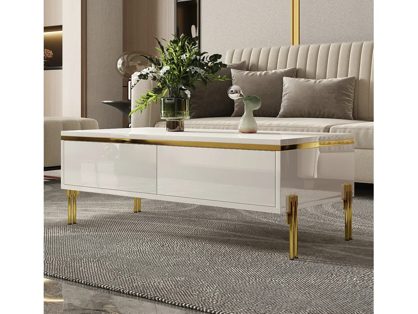Mesa de centro lacada brillante 100x50x36 cm - 2 cajones - Patas de metal - Tableros de partículas - Blanco