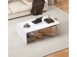 Mesa de centro lacada en alto brillo - 90 x 50 x 30 cm - con 1 cajón giratorio 360° + espacio de almacenamiento abierto - MDF - blanco y natural