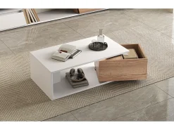 Mesa de centro lacada en alto brillo - 90 x 50 x 30 cm - con 1 cajón giratorio 360° + espacio de almacenamiento abierto - MDF - blanco y natural