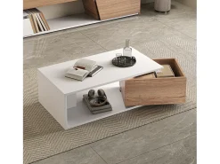 Mesa de centro lacada en alto brillo - 90 x 50 x 30 cm - con 1 cajón giratorio 360° + espacio de almacenamiento abierto - MDF - blanco y natural