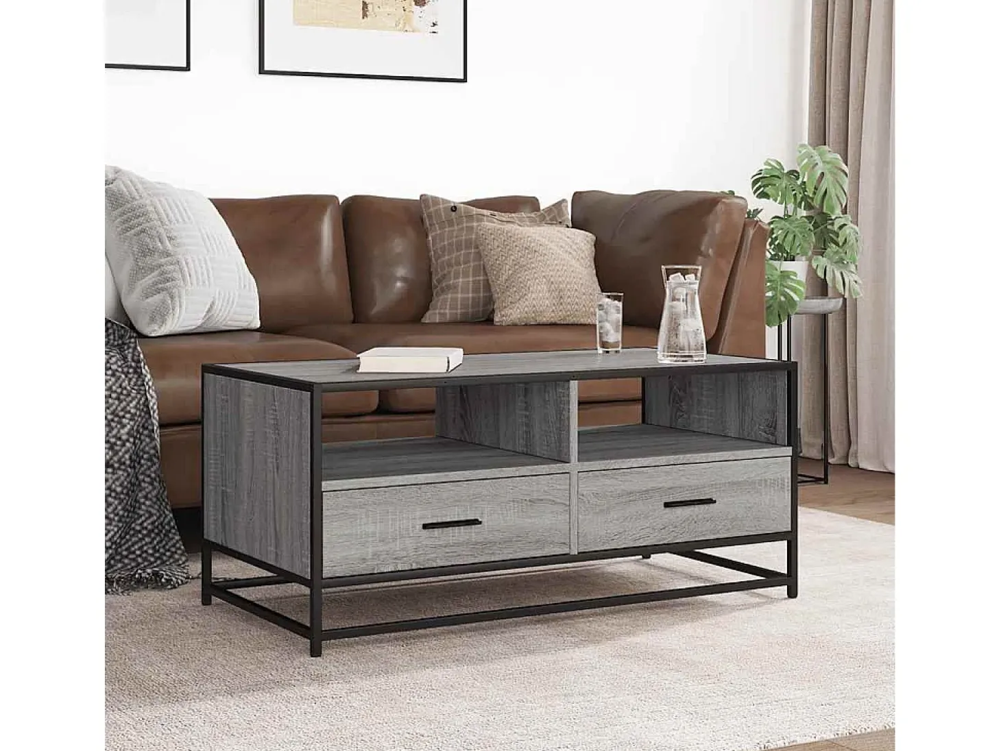 Mesa de centro madera ingeniería metal gris Sonoma 100x50x45cm