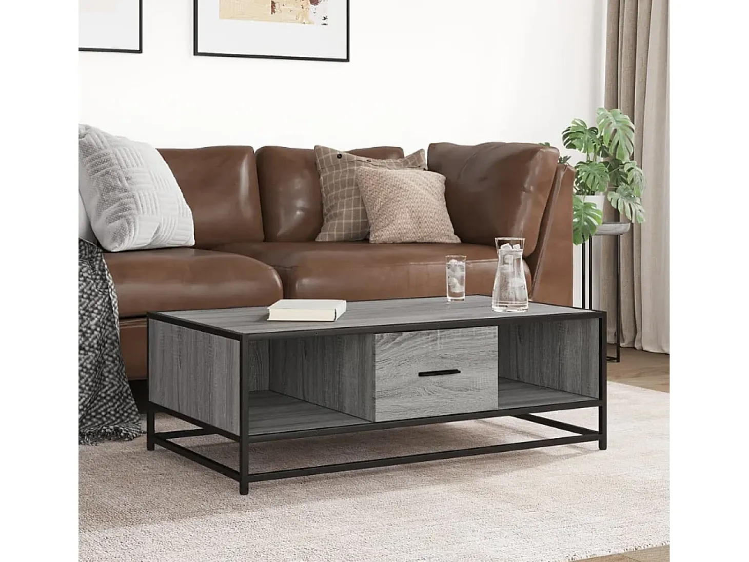 Mesa de centro madera ingeniería metal gris Sonoma 100x57x35 cm
