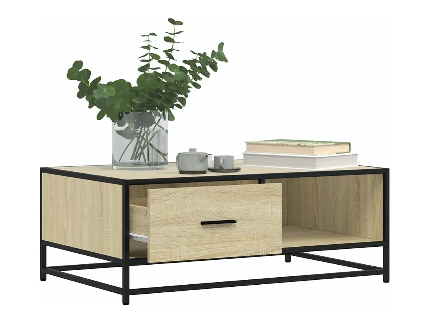 Mesa de centro madera ingeniería metal roble Sonoma 90x57x35 cm