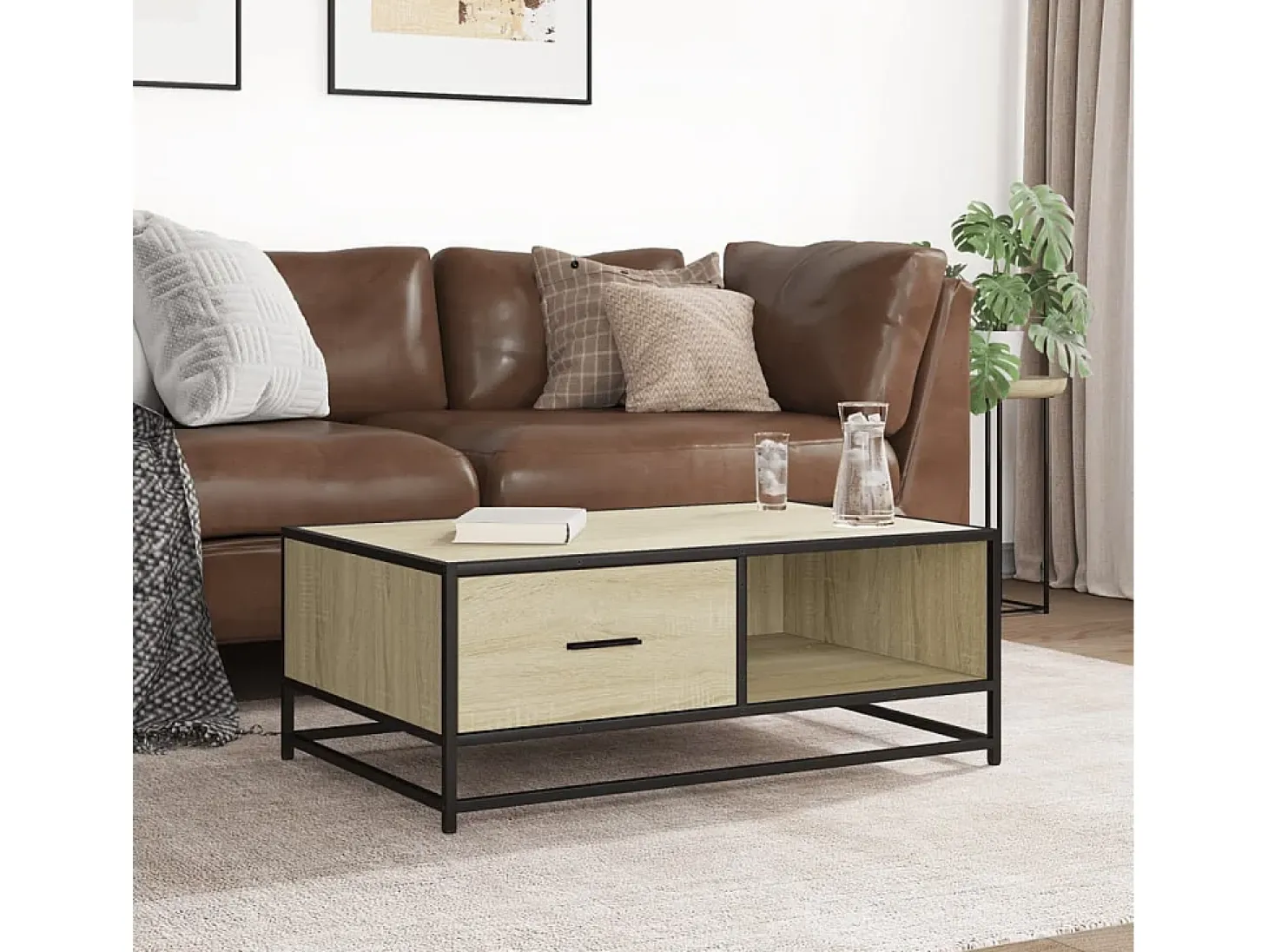 Mesa de centro madera ingeniería metal roble Sonoma 90x57x35 cm