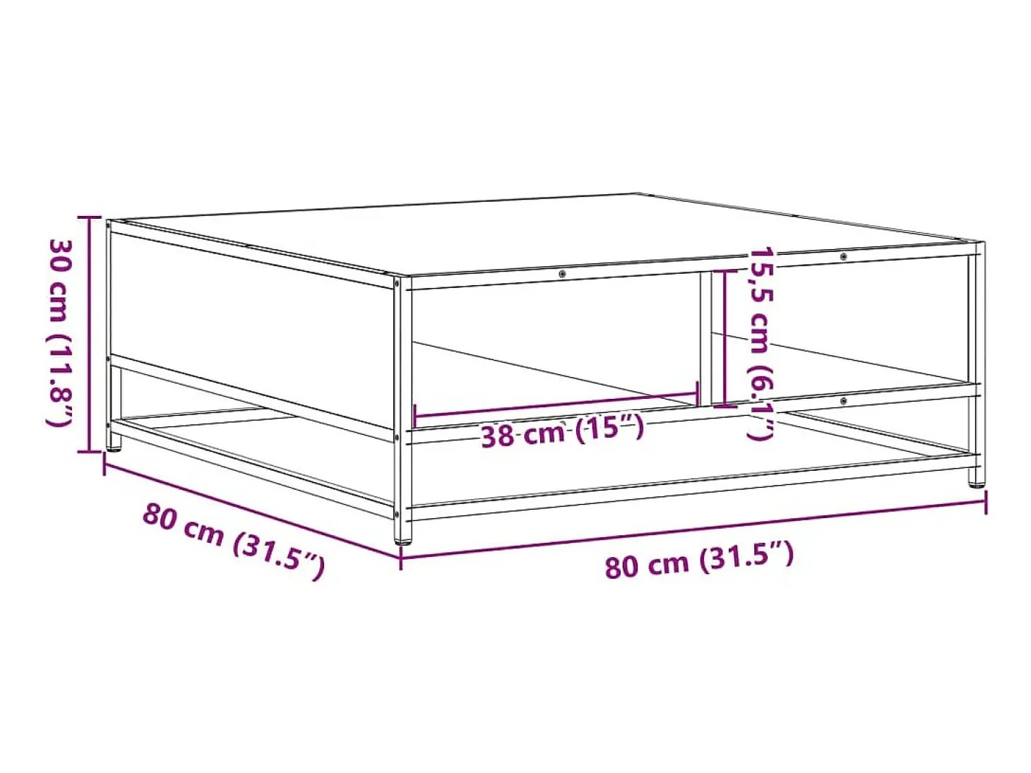 Mesa de centro madera ingeniería metal gris Sonoma 80x80x30 cm