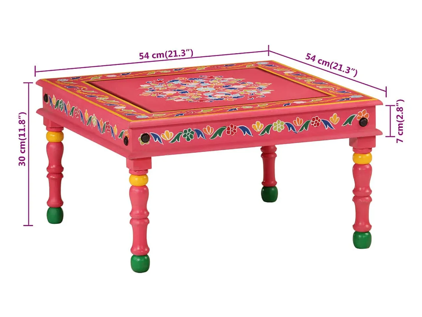 Mesa de centro madera maciza de mango rosa pintada a mano