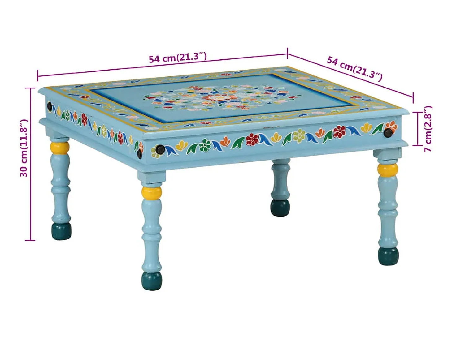 Mesa de centro madera maciza de mango turquesa pintada a mano