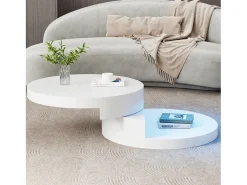 Mesa de centro moderna - 70 x 70 x 35,5 cm - Mesa giratoria 360° - con LED + almacenamiento - MDF - blanco