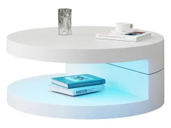 Mesa de centro moderna - 70 x 70 x 35,5 cm - Mesa giratoria 360° - con LED + almacenamiento - MDF - blanco