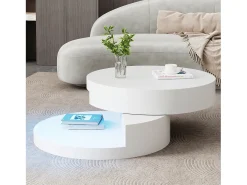 Mesa de centro moderna - 70 x 70 x 35,5 cm - Mesa giratoria 360° - con LED + almacenamiento - MDF - blanco