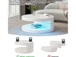 Mesa de centro moderna - 70 x 70 x 35,5 cm - Mesa giratoria 360° - con LED + almacenamiento - MDF - blanco