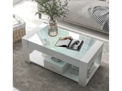 Mesa de centro moderna con cristal, almacenaje y cajones, aglomerado, blanco (100x50x40 cm)