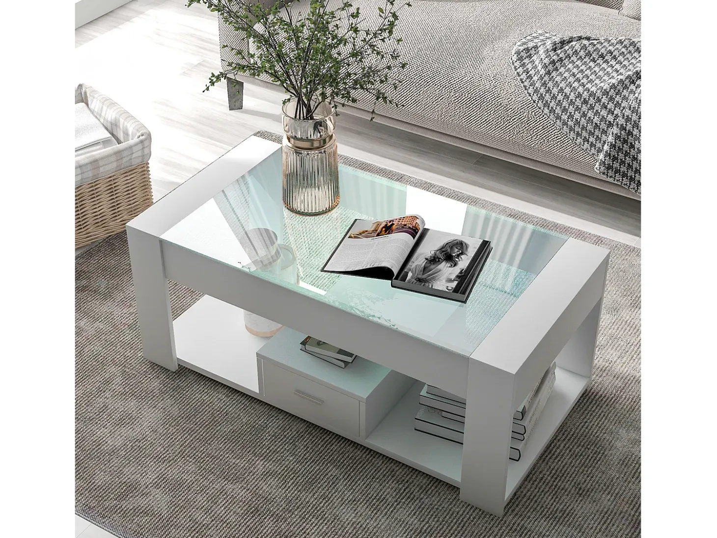 Mesa de centro moderna con cristal, almacenaje y cajones, aglomerado, blanco (100x50x40 cm)