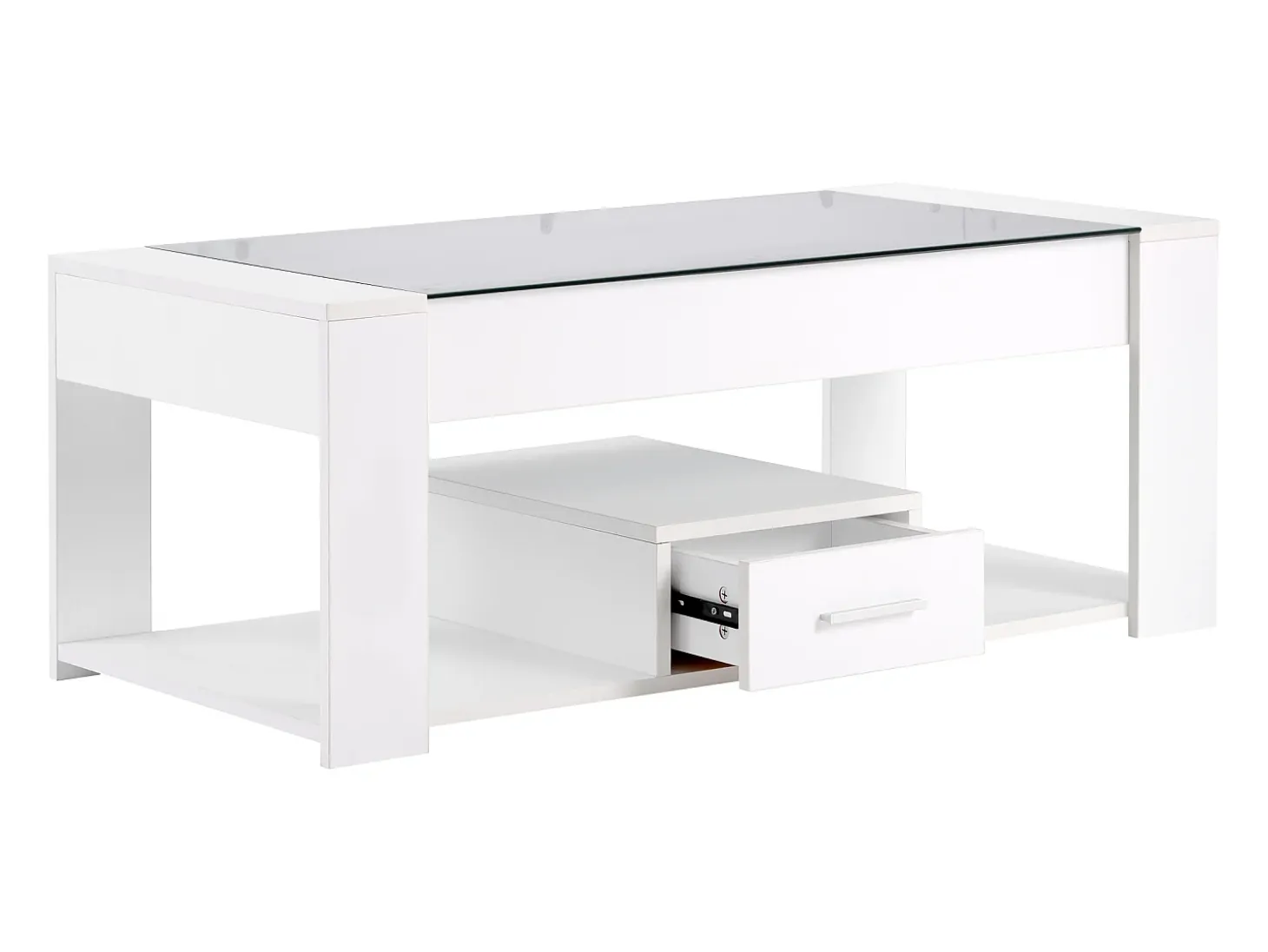 Mesa de centro moderna con cristal, almacenaje y cajones, aglomerado, blanco (100x50x40 cm)