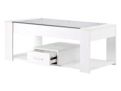 Mesa de centro moderna con cristal, almacenaje y cajones, aglomerado, blanco (100x50x40 cm)